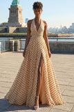 Halter Apricot Black Dot A Line Long Prom Dress With Slit