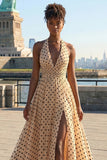 Halter Apricot Black Dot A Line Long Prom Dress With Slit