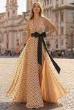 Halter A Line Apricot Black Dot Long Prom Dress With Bow Belt