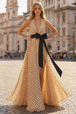 Halter A Line Apricot Black Dot Long Prom Dress With Bow Belt
