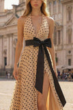 Halter A Line Apricot Black Dot Long Prom Dress With Bow Belt
