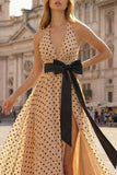 Halter A Line Apricot Black Dot Long Prom Dress With Bow Belt