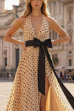 Halter A Line Apricot Black Dot Long Prom Dress With Bow Belt