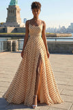 Apricot Black Dot A Line Scoop Neck Long Prom Dress With Slit