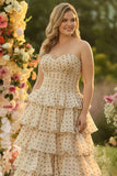 Apricot Black Dot A Line Tiered Sweetheart Plus Size Prom Dress With Ruffles