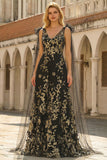 Black Golden A Line V-Neck Sequin Long Prom Dress with Streamers