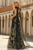 Black Golden A Line V-Neck Sequin Long Prom Dress with Streamers