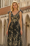 Black Golden A Line V-Neck Sequin Long Prom Dress with Streamers