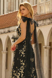 Black Golden A Line V-Neck Sequin Long Prom Dress with Streamers