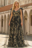 Black Golden Appliqued V-Neck A Line Plus Size Long Prom Dress with Bows