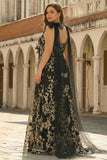 Black Golden Appliqued V-Neck A Line Plus Size Long Prom Dress with Bows