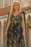 Black Golden Appliqued V-Neck A Line Plus Size Long Prom Dress with Bows