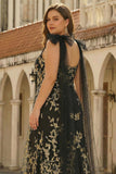 Black Golden Appliqued V-Neck A Line Plus Size Long Prom Dress with Bows