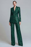 Sparkly Dark Green Peaked Lapel 2 Piece Women Prom Suits