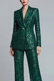 Sparkly Dark Green Peaked Lapel 2 Piece Women Prom Suits