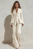 Peaked Lapel 2 Piece Ivory Ruffled Women Suits with Sash