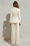 Peaked Lapel 2 Piece Ivory Ruffled Women Suits with Sash