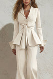 Peaked Lapel 2 Piece Ivory Ruffled Women Suits with Sash