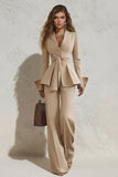 Peaked Lapel 2 Piece Ivory Ruffled Women Suits with Sash