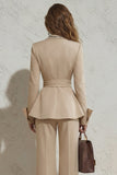 Peaked Lapel 2 Piece Ivory Ruffled Women Suits with Sash