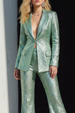 Sparkly Peaked Lapel 2 Piece Green Women Prom Suits