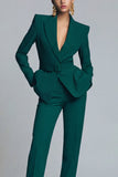 Dark Green Peaked Lapel 2 Piece Women Suits with Belt