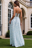 Blue A Line Spaghetti Straps Floral Wedding Guest Dress