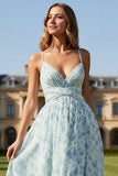 Blue A Line Spaghetti Straps Floral Wedding Guest Dress