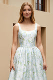 White Blue Flower A Line Printed Long Wedding Guest Dress