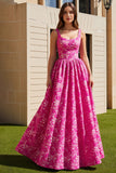Fuchsia Printed Jacquard A Line Long Wedding Guest Dress