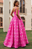 Fuchsia Printed Jacquard A Line Long Wedding Guest Dress