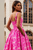 Fuchsia Printed Jacquard A Line Long Wedding Guest Dress