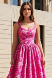 Fuchsia Printed Jacquard A Line Long Wedding Guest Dress