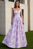 Floral Lilac A Line Square Neck Long Wedding Guest Dress