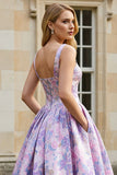 Floral Lilac A Line Square Neck Long Wedding Guest Dress