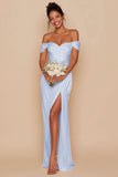 Sky Blue Off the Shoulder Mermaid Long Bridesmaid Dress with Slit
