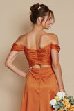 Off the Shoulder Mermaid Orange Cut Out Satin Bridesmaid Dress with Slit