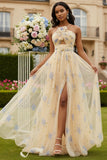 Floral Yellow A Line Keyhole Long Prom Dress With Slit