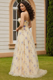 Floral Yellow A Line Keyhole Long Prom Dress With Slit
