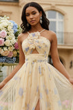 Floral Yellow A Line Keyhole Long Prom Dress With Slit