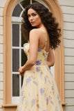 Floral Yellow A Line Keyhole Long Prom Dress With Slit