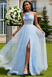 Light Blue Corset Floral A Line Long Prom Dress With Slit