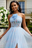Light Blue Corset Floral A Line Long Prom Dress With Slit