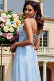 Light Blue Corset Floral A Line Long Prom Dress With Slit