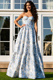Floral Light Blue Strapless A Line Long Prom Dress