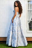 Floral Light Blue Strapless A Line Long Prom Dress