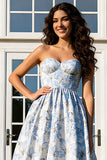 Floral Light Blue Strapless A Line Long Prom Dress