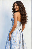 Floral Light Blue Strapless A Line Long Prom Dress