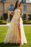One Shoulder Yellow Floral Ruched A Line Long Prom Dress With Slit