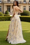 One Shoulder Yellow Floral Ruched A Line Long Prom Dress With Slit